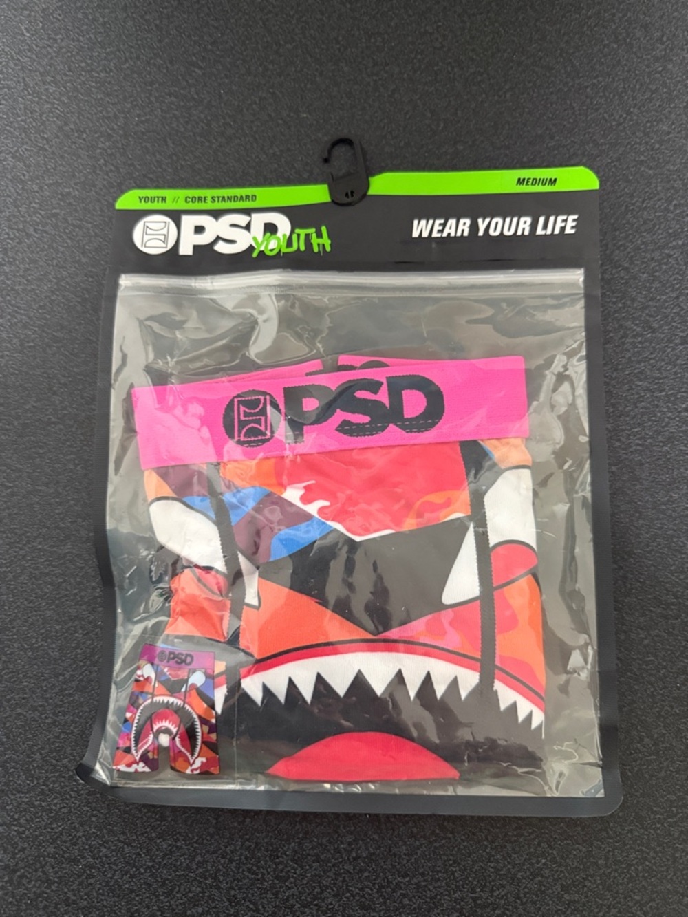 PSD Youth Pink Shark-Print Kids Boxer Briefs with Neon Pink Waistband